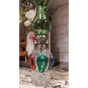 VINTAGE Miniature Green & Red Painted Glass Oil Lamp Lantern Made In Hong Kong